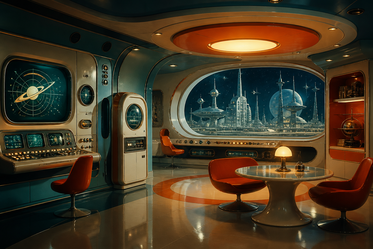 Interior de uma estação espacial com design retrofuturista, apresentando consoles analógicos, móveis arredondados e iluminação suave, com vista para uma cidade futurista através de uma grande janela panorâmica